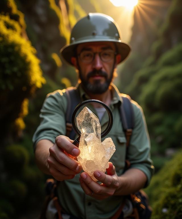Geologo che esamina un cristallo di quarzo in un canyon italiano